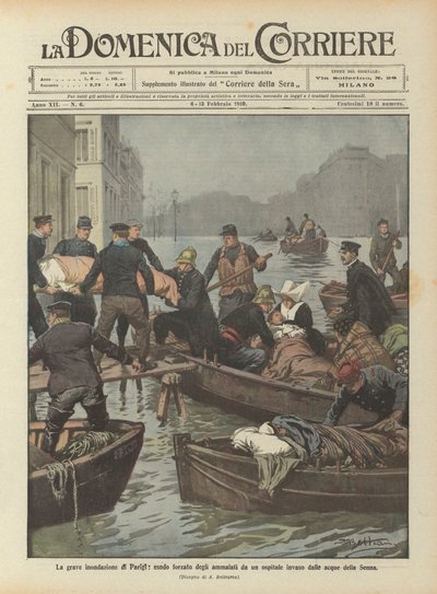 Die schwere Überschwemmung in Paris, erzwungene Evakuierung der Kranken aus einem vom Wasser der Seine überfluteten Krankenhaus von Achille Beltrame