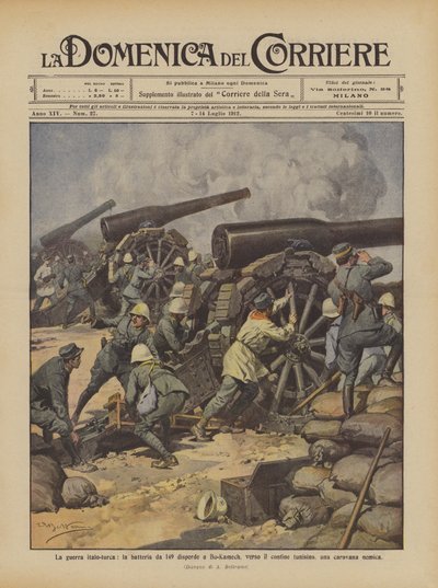 Der italienisch-türkische Krieg, die Batterie von 149 zerstreut in Bu-Kamech, nahe der tunesischen Grenze, eine feindliche Karawane von Achille Beltrame