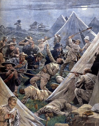 Der Burenkrieg oder Transvaal-Krieg in Südafrika: Die Buren greifen ein englisches Lager in Tweenfontein an (Illustration von Beltrame, La Domenica del Corriere, 1902) von Achille Beltrame