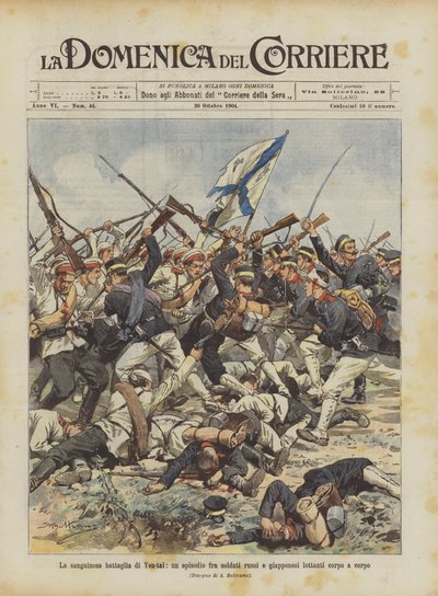 Die blutige Schlacht von Yen-tai, eine Episode zwischen russischen und japanischen Soldaten im Nahkampf von Achille Beltrame