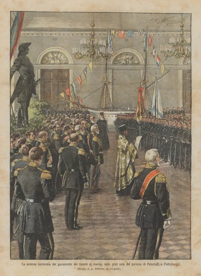 Die feierliche Zeremonie des Eides der Marinekadetten im großen Saal des Peterhof-Palastes in St. Petersburg von Achille Beltrame