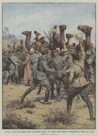 Die Ankunft in Zavia von Kapitän Moizo, Leutnant Copelli und den Mitgliedern der Mission... von Achille Beltrame