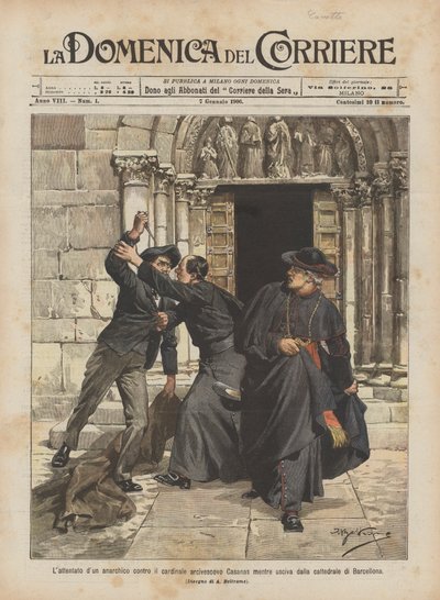 Das Attentat eines Anarchisten auf den Kardinalerzbischof Casanas, als er die Kathedrale von Barcelona verließ von Achille Beltrame