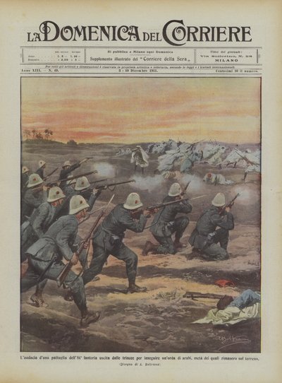 Die Kühnheit einer Patrouille des 84. Infanterieregiments, die aus den Schützengräben ausrückt, um eine Horde Araber zu verfolgen von Achille Beltrame