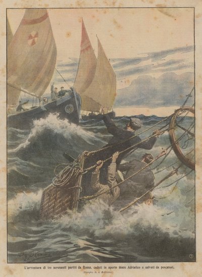Das Abenteuer von drei Aeronauten, die von Rom aus starteten, ins offene Adriatische Meer stürzten und von Fischern gerettet wurden von Achille Beltrame
