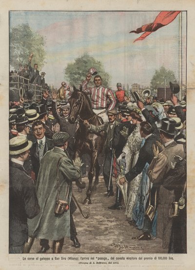 Die Galopprennen in San Siro (Mailand), die Ankunft des siegreichen Pferdes im Zielbereich des 100.000-Lire-Preises von Achille Beltrame