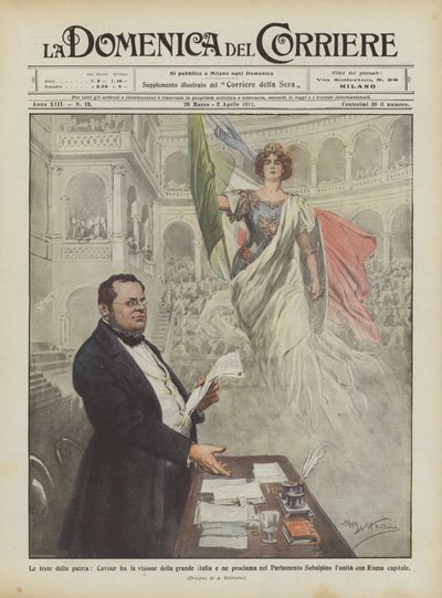Die Feierlichkeiten der Heimat, Cavour hat die Vision des großen Italiens und verkündet es im Parlament von Achille Beltrame