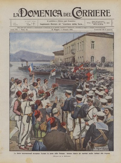 Internationale Flotten besetzen Scutari im Namen der Mächte, freudige Landung der Matrosen von Achille Beltrame