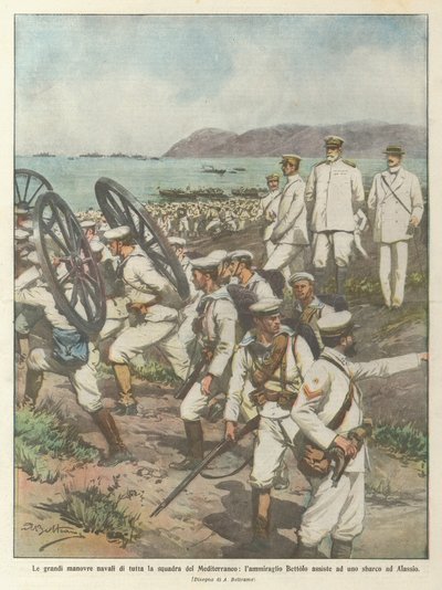 Die großen Marineübungen der gesamten Mittelmeerflotte, Admiral Bettolo beobachtet eine von Achille Beltrame