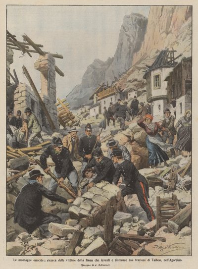 Die mörderischen Berge, Suche nach den Opfern des Erdrutsches, der zwei Dörfer verschüttete und zerstörte von Achille Beltrame