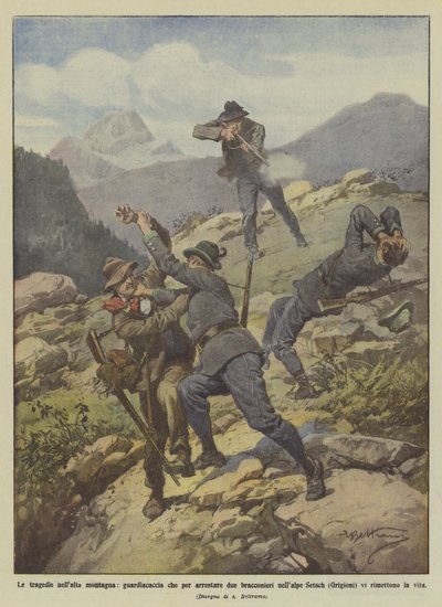 Die Tragödien in den hohen Bergen, Wildhüter, die zwei Wilderer in den Alpen von Setsch verhaften von Achille Beltrame