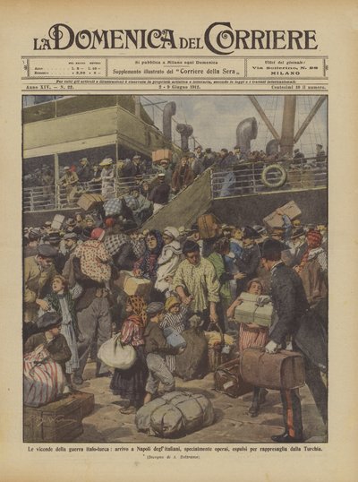 Die Ereignisse des italienisch-türkischen Krieges, Ankunft der Italiener, hauptsächlich Arbeiter, in Neapel von Achille Beltrame
