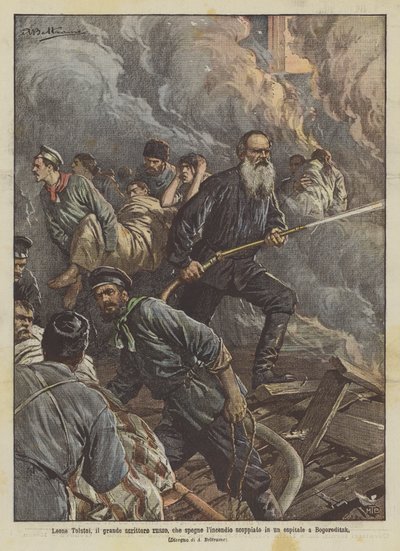 Leo Tolstoi, der große russische Schriftsteller, löscht das Feuer in einem Krankenhaus in Bogoroditzk von Achille Beltrame