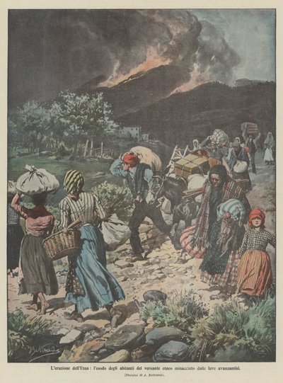 Der Ausbruch des Ätna, der Exodus der Bewohner des von Lava bedrohten Ätna-Hangs von Achille Beltrame