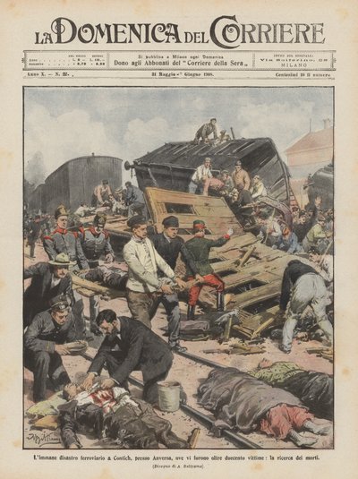 Die riesige Eisenbahnkatastrophe in Kontich bei Antwerpen, bei der über zweihundert Opfer zu beklagen waren, die Suche nach den Toten von Achille Beltrame