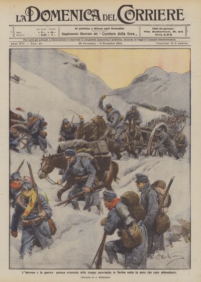Der Winter und der Krieg, mühsamer Vormarsch der österreichischen Truppen in Serbien unter starkem Schneefall von Achille Beltrame
