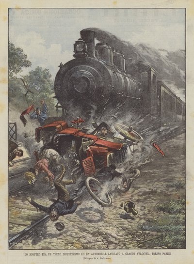 Der Zusammenstoß zwischen einem Schnellzug und einem Auto, das mit hoher Geschwindigkeit in der Nähe von Paris unterwegs war von Achille Beltrame