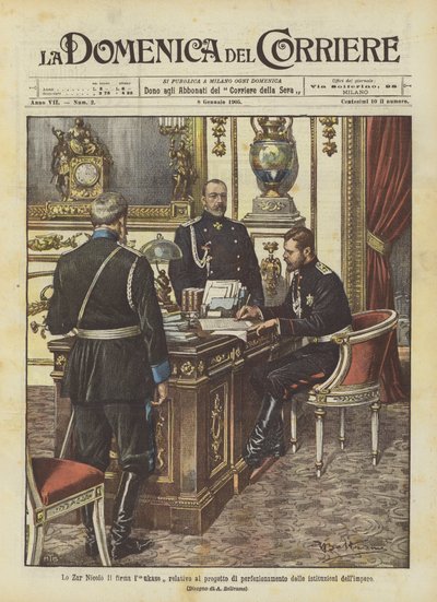Der Zar Nikolaus II. unterzeichnet das Gesetz zur Verbesserung der Institutionen des Reiches von Achille Beltrame