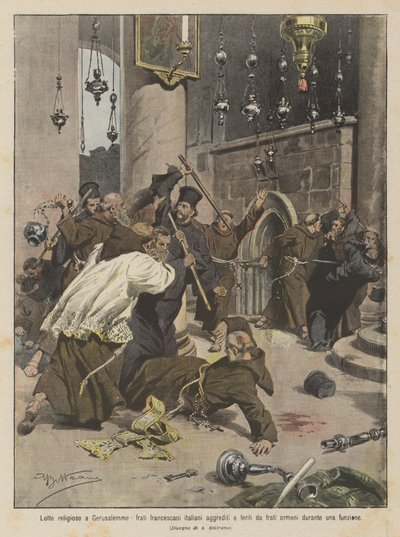 Religiöse Kämpfe in Jerusalem, italienische Franziskanermönche von armenischen Mönchen während einer Zeremonie angegriffen und verletzt von Achille Beltrame