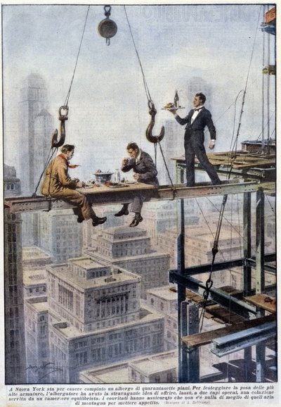 Mahlzeit von zwei Vorarbeitern im Gleichgewicht auf dem Rahmen eines Wolkenkratzers in New York - Zeichnung von A. Beltrame, in „La Domenica del Corriere“ von Achille Beltrame