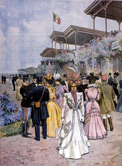 Mailand: Pferderennen auf der Rennbahn von San Siro: Übergabe des Handelspreises (Premio del commercio). Illustration von Beltrame. La Domenica del Corriere. 1899 von Achille Beltrame