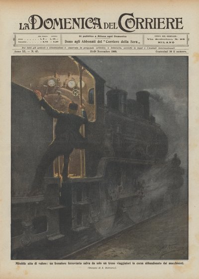 Bewundernswerter Akt der Tapferkeit, ein Eisenbahnbremser rettet allein einen fahrenden Zug von Achille Beltrame
