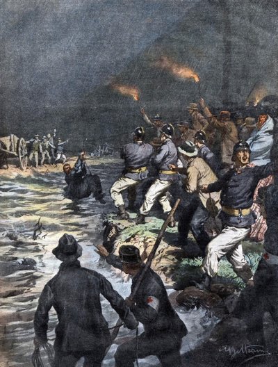 Wunderbare Rettung von Fuhrleuten, die auf einer Insel im Fluss Serio bei Bergamo blockiert waren - Illustration von Beltrame in „La Domenica del Corriere“ 10/1909 von Achille Beltrame