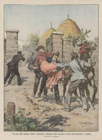 In den Ländern der leidenschaftlichen Gefühle, dramatische Entführung eines Mädchens durch den Liebhaber in Sizilien von Achille Beltrame