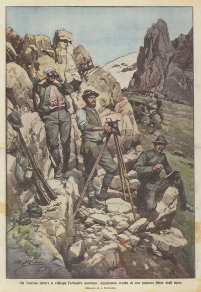 Im Trentino, während die österreichische Offensive sich entwickelt, optische Signale von einer von den Alpini verteidigten Position von Achille Beltrame