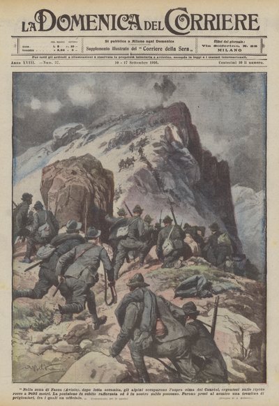 In der Zone von Fassa (Avisio) besetzten die Alpini nach erbittertem Kampf den rauen Gipfel des Cauriol von Achille Beltrame