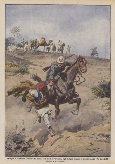 Patrouille von Carabinieri zu Pferd, die im Gebel in der Cyrenaika Einheimische verhaftet von Achille Beltrame