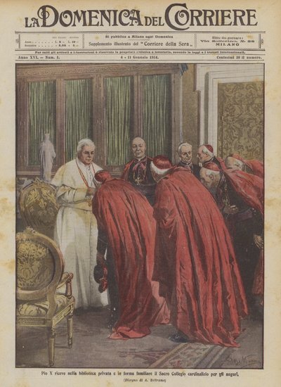 Pius X. empfängt in der Privatbibliothek und in familiärer Form das Heilige Kollegium der Kardinäle zu den Glückwünschen von Achille Beltrame