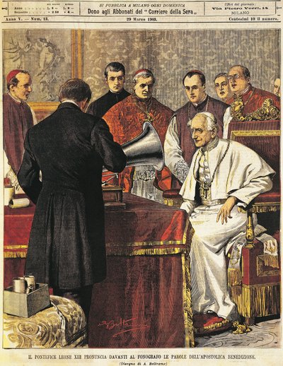 Papst Leo XIII. liest Benediktion in ein Grammophon von Achille Beltrame