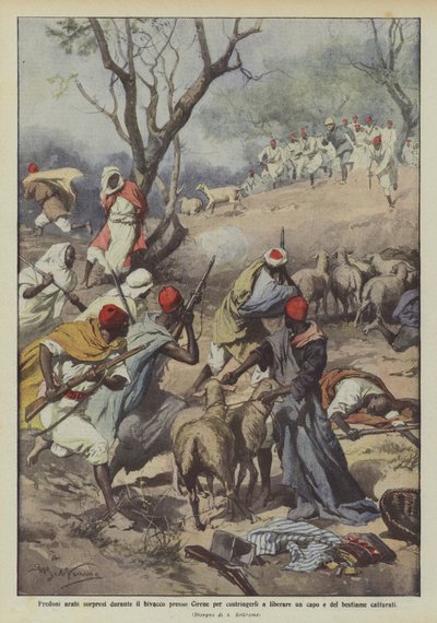 Arabische Räuber beim Biwak in der Nähe von Cyrene überrascht, um sie zur Freilassung eines Anführers zu zwingen von Achille Beltrame