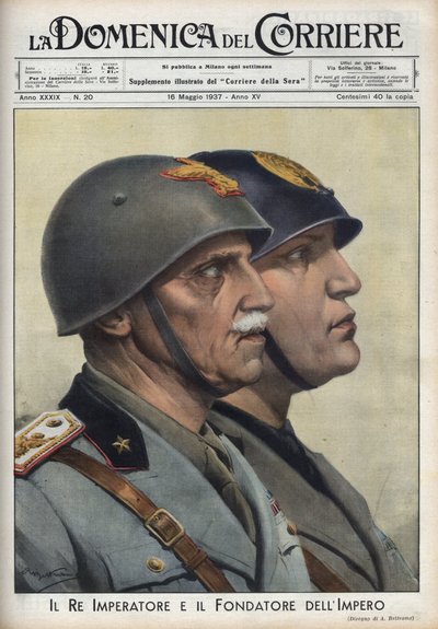 Profile von König Vittorio Emanuele III. und Duce Benito Mussolini, Gründer des Imperiums, im Stil der römischen Kaiser. Illustration von Achille Beltrame in „La domenica del Corriere“ vom 16.05.1937. von Achille Beltrame
