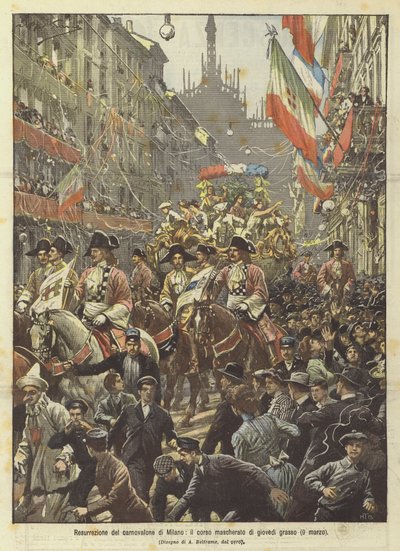 Wiederauferstehung des Karnevals von Mailand, der Maskenumzug am Fettdonnerstag (9. März) von Achille Beltrame
