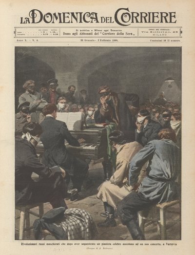 Maskierte russische Revolutionäre, die nach der Entführung eines berühmten Pianisten einem seiner Konzerte beiwohnen von Achille Beltrame