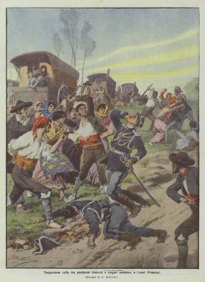 Blutiger Kampf zwischen französischen Gendarmen und andalusischen Zigeunern in Lunel (Frankreich) von Achille Beltrame