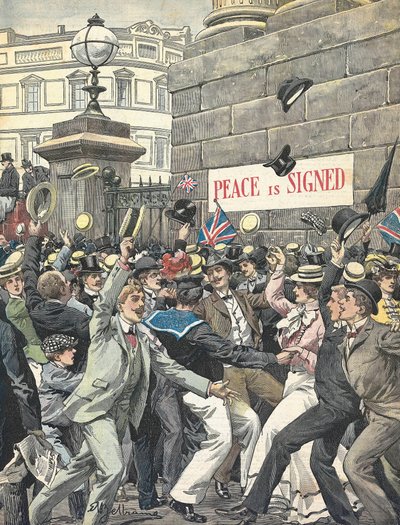 Zweiter Burenkrieg. Bekanntgabe des Kriegsendes auf den Straßen Londons. Illustration von Antonio Beltrame. „La Domenica del Corriere“ von Achille Beltrame