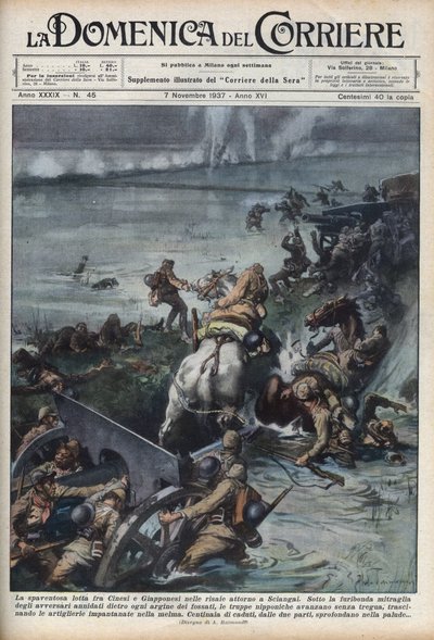 Zweiter Japanisch-Chinesischer Krieg (1937-1945): Zusammenstöße in Reisfeldern in der Nähe von Shanghai. Illustration von Achille Beltrame aus 