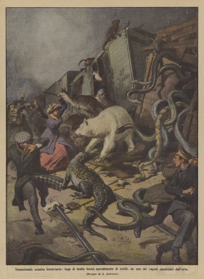 Sensationeller Eisenbahnunfall, Flucht wilder Tiere, insbesondere Reptilien von Achille Beltrame