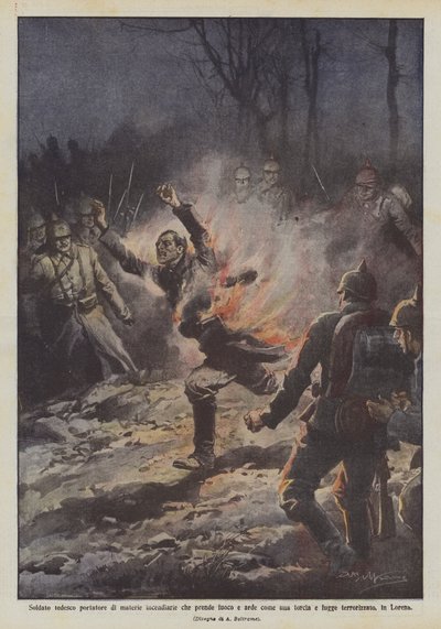 Deutscher Soldat, der Brandmaterialien trägt, fängt Feuer und brennt wie eine Fackel und flieht von Achille Beltrame