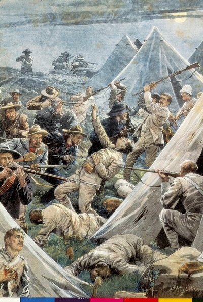 Südafrika. Zweiter Burenkrieg. Angriff auf das englische Lager von Tweefontein (1902). Illustration von Achille Beltrame. Stich. von Achille Beltrame