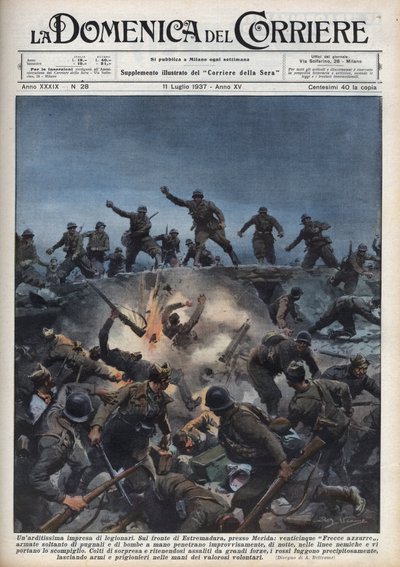 Spanischer Bürgerkrieg: Eine Division italienischer Freiwilliger flieht vor der spanischen republikanischen Armee in der Region Mérida, Spanien. Illustration von Achille Beltrame in „La domenica del Corriere“ vom 11.07.1937. von Achille Beltrame