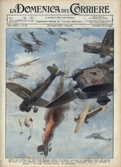Spanischer Bürgerkrieg: Luftkämpfe zwischen republikanischen und nationalistischen Flugzeugen über dem kriegsgebeutelten Spanien. Illustration von Achille Beltrame in „La domenica del Corriere“ vom 20.06.1937. von Achille Beltrame