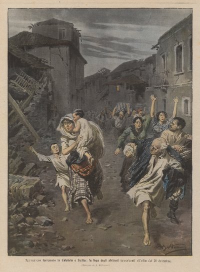 Schreckliches Erdbeben in Kalabrien und Sizilien, die Flucht der verängstigten Bewohner am Morgen des 28. Dezember von Achille Beltrame