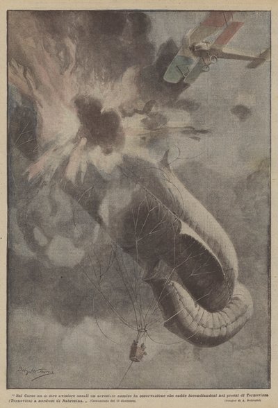 Auf dem Karst griff unser Flieger einen feindlichen Beobachtungsballon an, der in Flammen aufging von Achille Beltrame