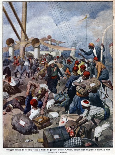 Der italienische Liner „Perseo“ beim Einlaufen in den Hafen von Beirut in Syrien wird von Seeräubern gestürmt - in „La Domenica del Corriere“ 07/1913. Illustration von Beltrame von Achille Beltrame