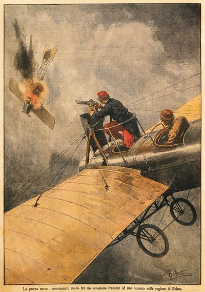 Der Krieg in der Luft: Duell zwischen einem französischen und einem deutschen Flugzeug über Reims, von Achille Beltrame (1871-1945), aus La Domenica del Corriere, 25. Oktober 1914 von Achille Beltrame