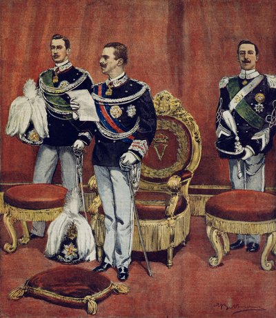 Die Vereidigung von König Vittorio Emanuele III im Senatssaal in Rom, von Achille Beltrame (1871-1945), aus La Domenica del Corriere von Achille Beltrame